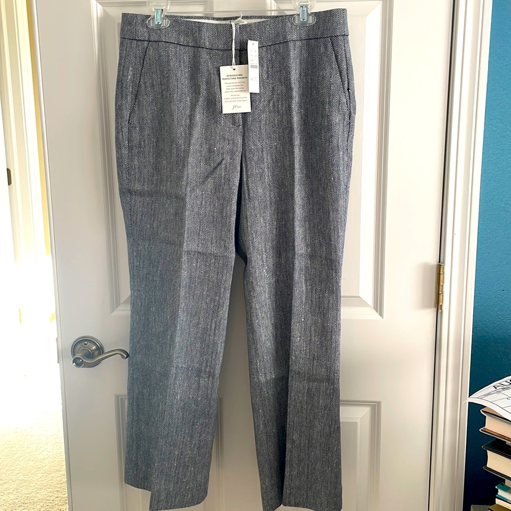 NWT J Crew Hayden Pant Italian cotton-linen lined, sz 10 navy ivory herringbone